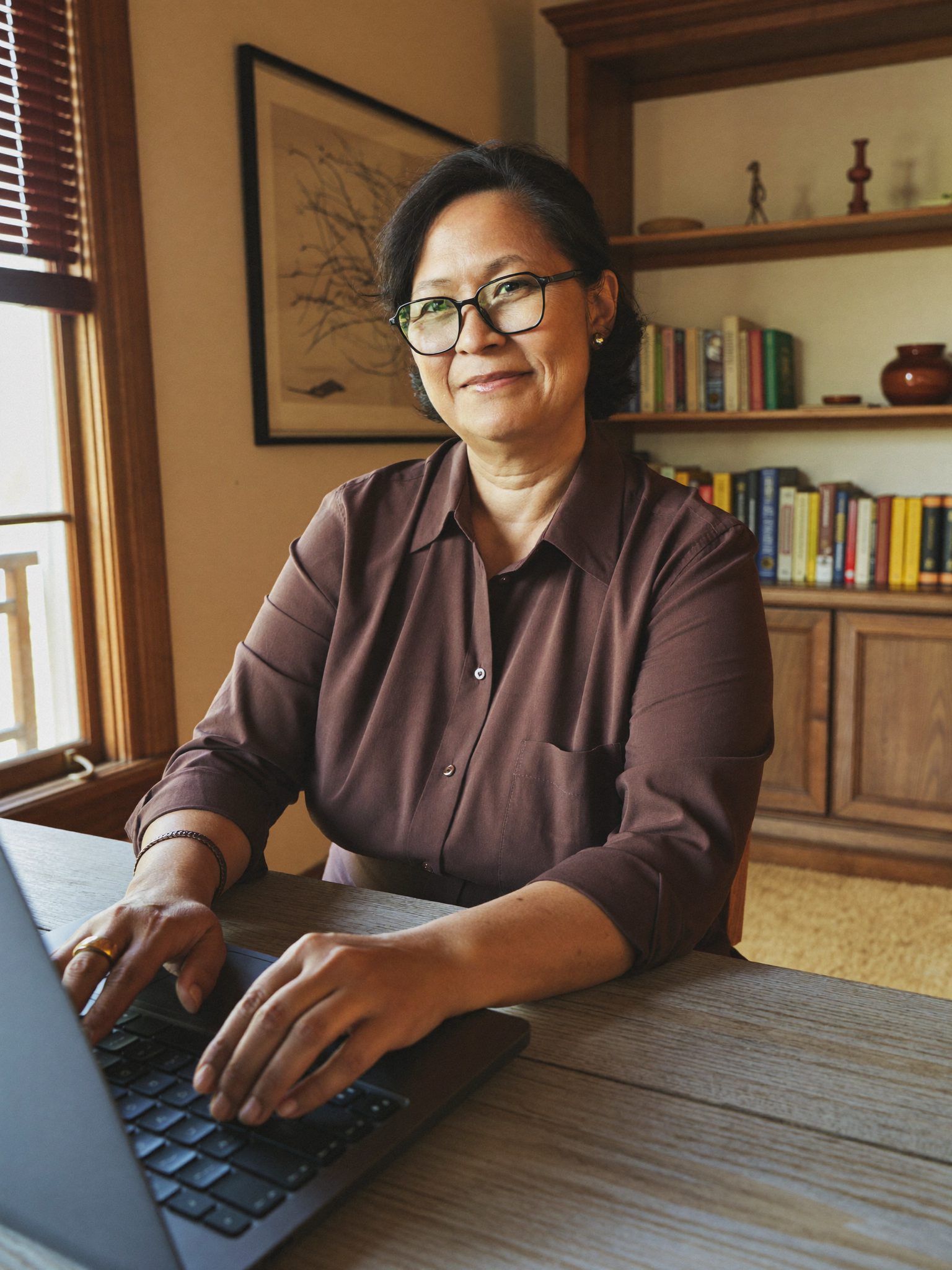 Portrait d'Hélène Marty, gérante de Capitol'Pas, cinquantenaire souriante