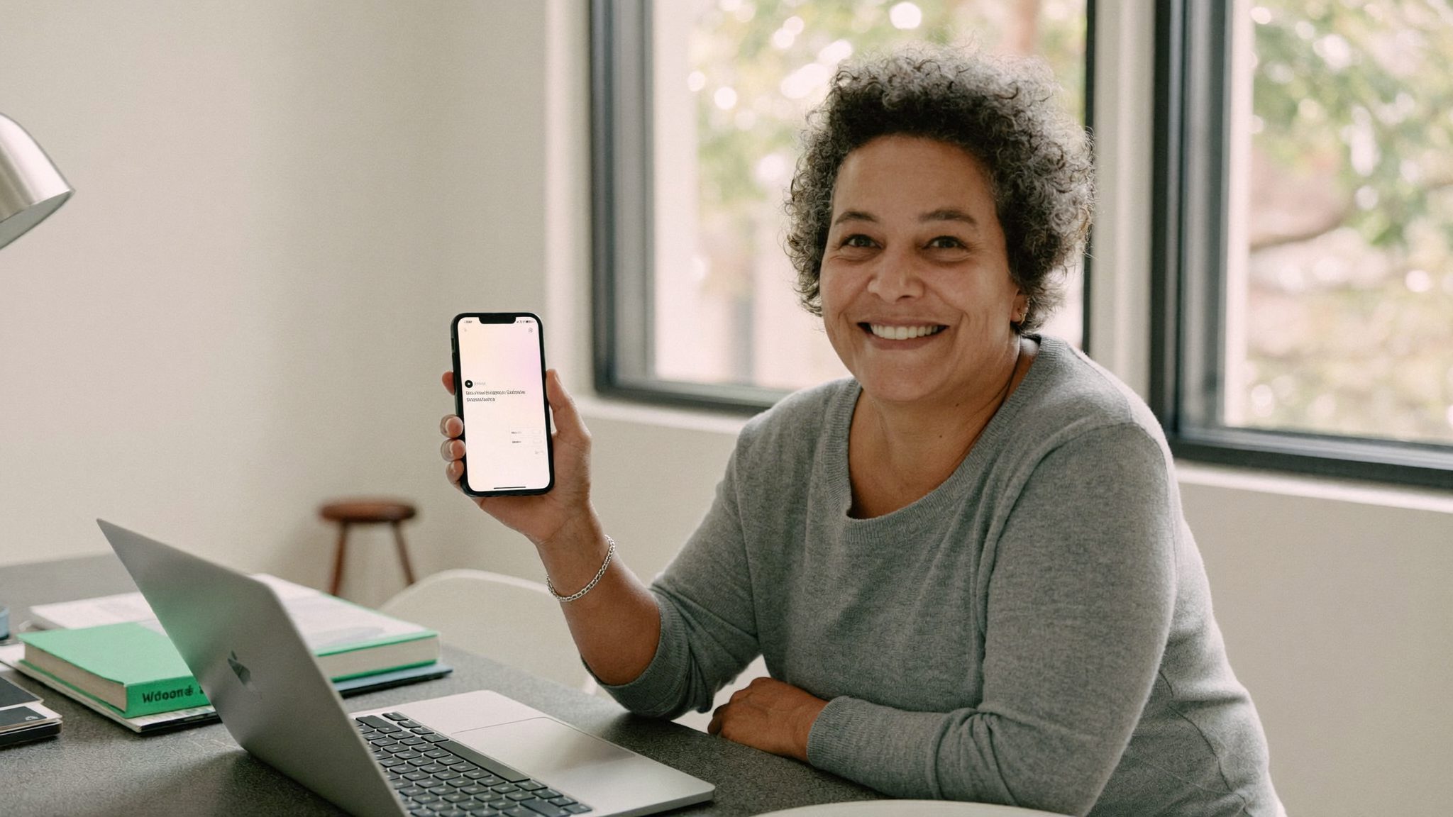 Une femme d'une cinquantaine d'années au téléphone, prête à échanger avec Capitol'Pas