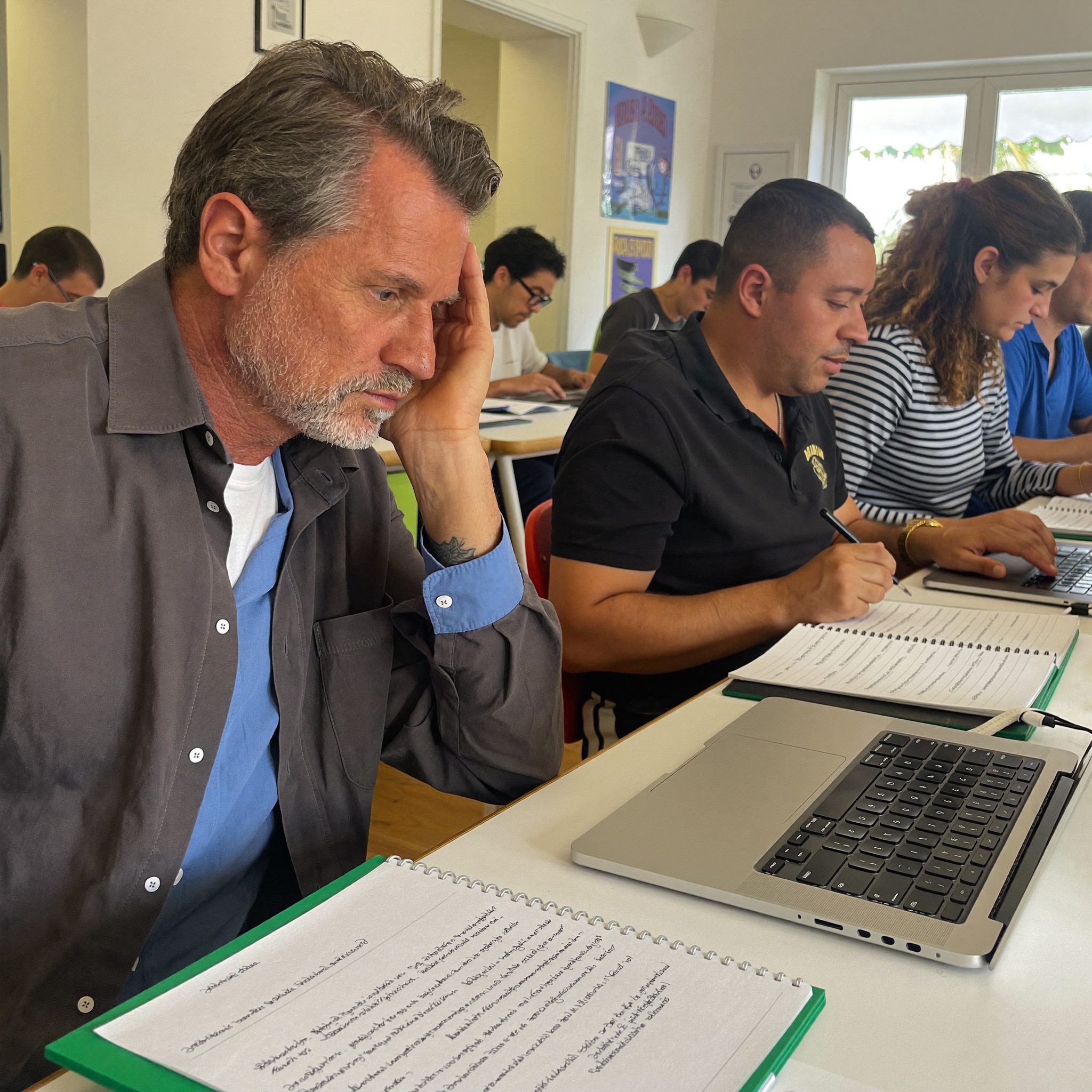 Un élève d'une cinquantaine d'années prenant des notes pendant un atelier devant son ordinateur portable